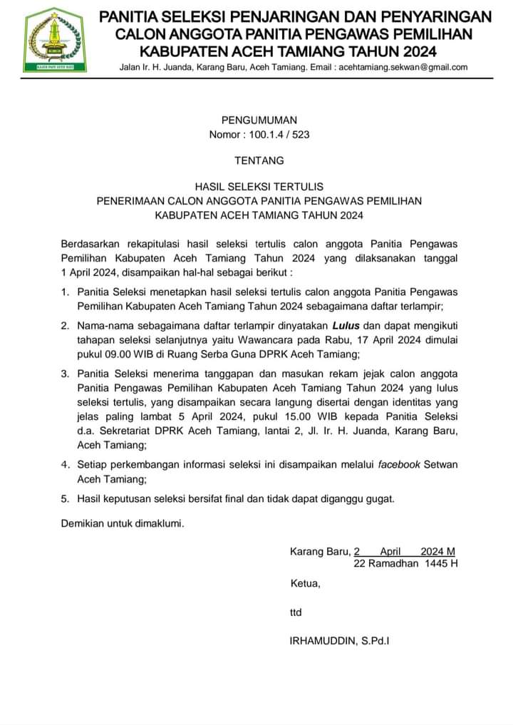 Pansel Akan Umumkan Calon Anggota Panitia Pengawas Pemilihan Pilkada&nbsp;2024